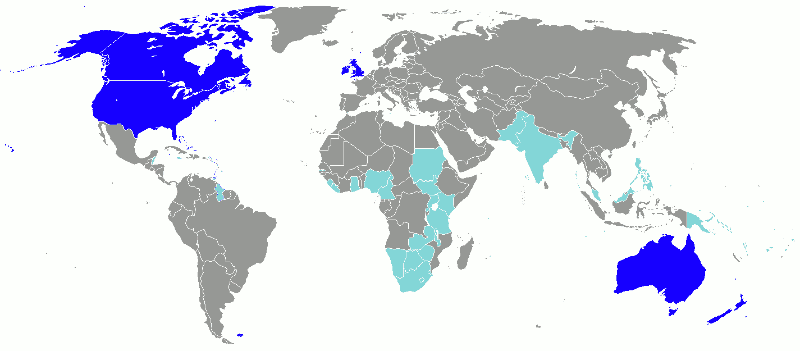 Mapa anglicky mluvících zemí