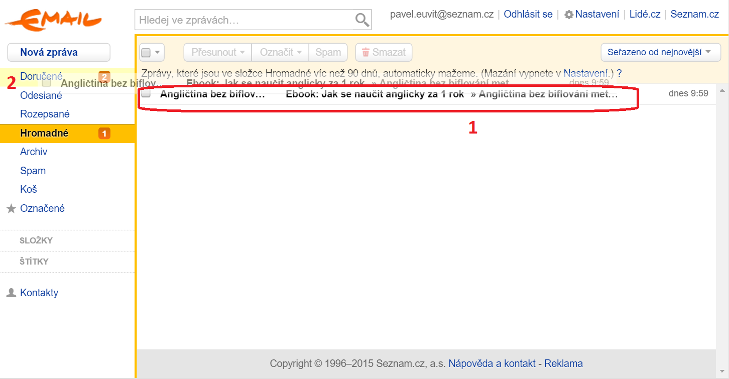 Přesunutí e-mailu do složky Doručené