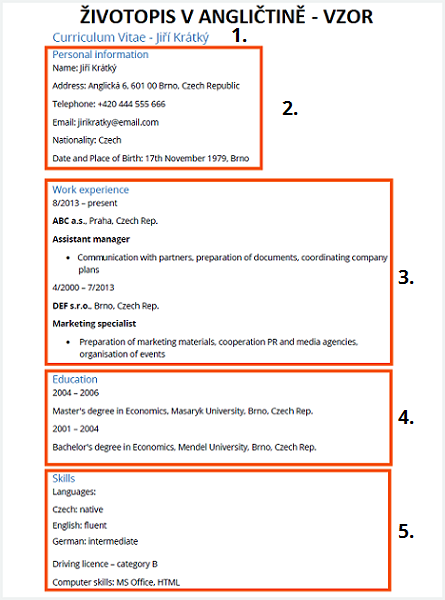Životopis v angličtině - vzor